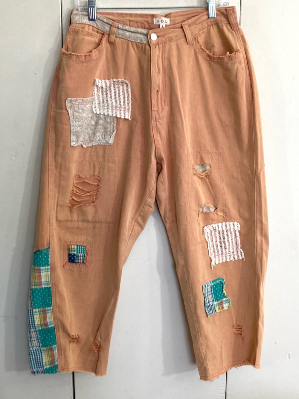 POL Rust Orange Distressed Straight Leg Patchwork Pants/L
